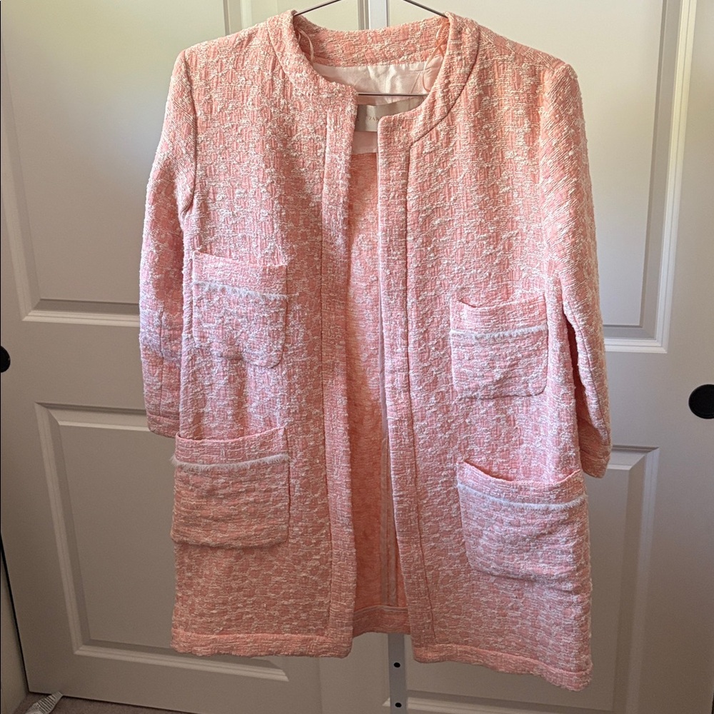 ZARA PEACH LIGHT PINK Boucle, JACQUARD JACKET COAT WITH POCKETS